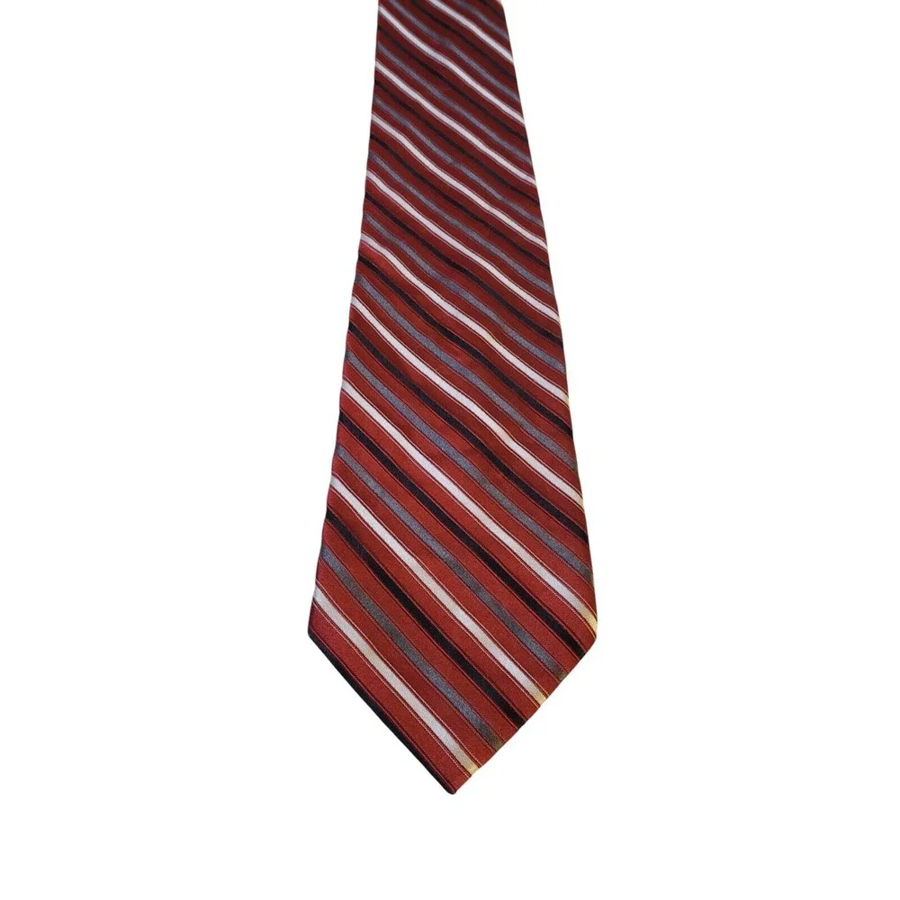 Croft & Barrow Neck Tie Mens Red Black Silver Striped 100% Silk Business Church